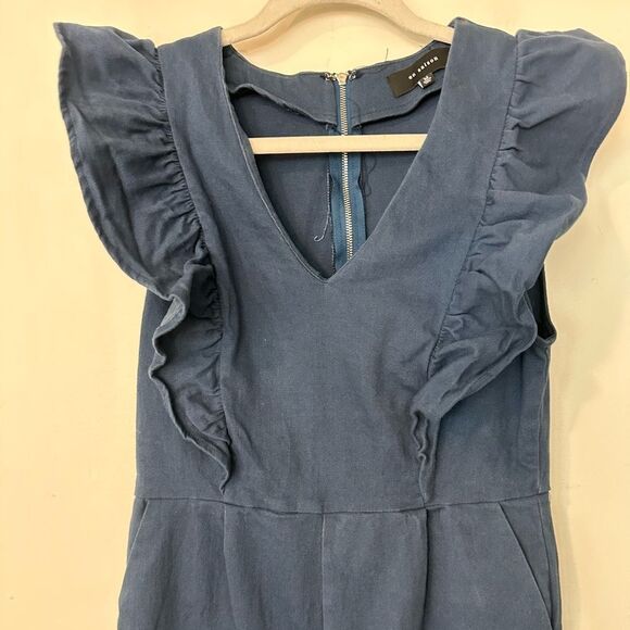 En Saison Denim Stretch Ruffled High Rise Wide Leg Crop Jumpsuit M - Picture 3 of 7